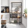 Black Metal Kitchen Baker's Rack Microwave Stand with Wood Storage Shelves