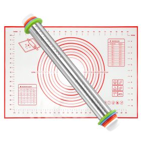 Dough Rolling Pin Dough Roller Stainless Steel Rolling Pins with 4 Removable Adjustable Thickness Rings and Rolling Mat for Baking Pizza Fondant Pie C (Option: Red)